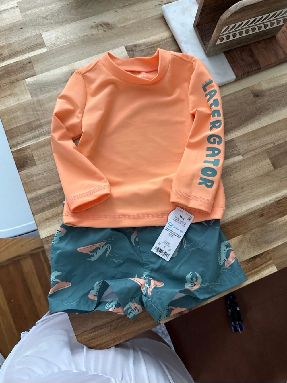 Carter's Peach Long-Sleeve Rash Guard with Teal Alligator Swim Trunks